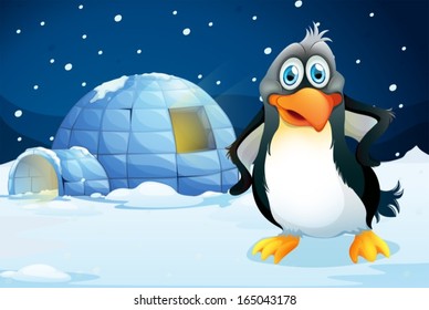 Ilustración de un pingüino parado cerca del iglú