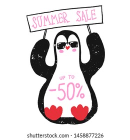 illustration of penguin and summer sale lettering. Hand-drawn lettering up to 50 percents. Summer sale vector banner template. Promo badge animal for your seasonal design.