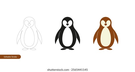 Illustration of a Penguin in Three Different Styles: Editable Stroke Outline, Silhouette and Color