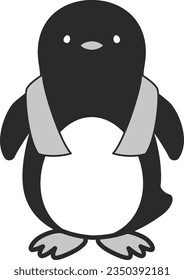 Illustration of a penguin using a cool towel (cold feeling image)(black and white)
