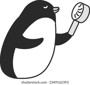 Illustration of a penguin using a mini electric fan(black and white)