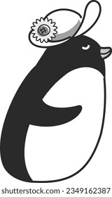 Illustration of a penguin wearing a hat(black and white)
