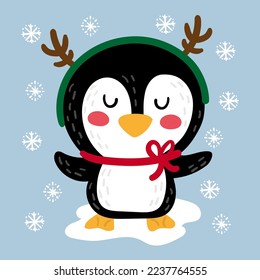 Illustration of a penguin wearing a headband with reindeer antlers and a background of snowflakes

