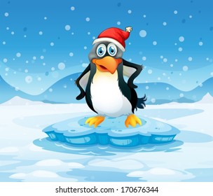 Illustration of a penguin wearing Santa's hat standing above an iceberg