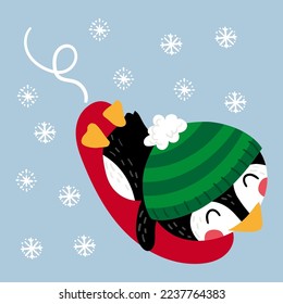 Illustration of a penguin with a wool cap sliding with a sled through the snow