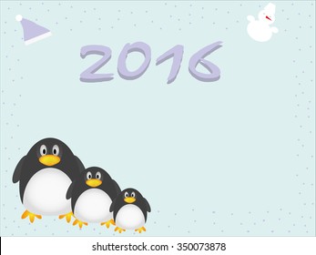 Illustration of penguins, hat, snowman and snow. Suits for background, congratulation or invitation card 