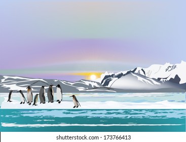 illustration with penguins in ice desert landscape