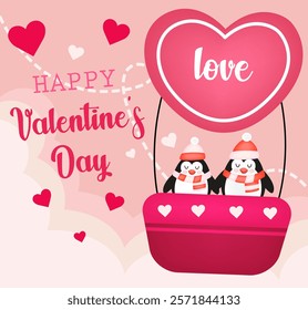 Illustration of penguins in love on a light pink background.Illustration for St. Valentine's Day.