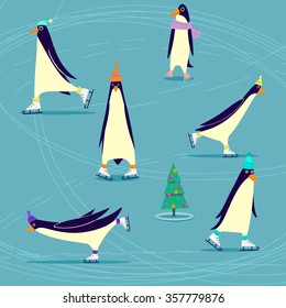 Illustration Penguins skating.