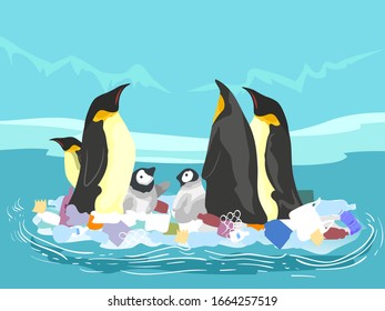 Illustration of Penguins Standing on Ice Floe Full of Trash and Garbage