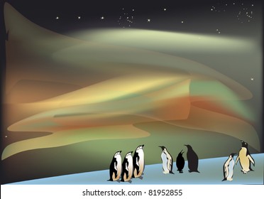 illustration with penguins under aurora