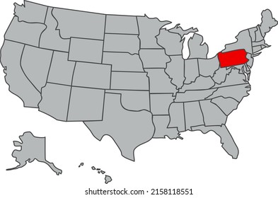 Illustration of Pennsylvania. Vector map of the USA in gray color. Contours of the United States of America. Territory of the US isolated in red. Economy, geography, web, print, article, news, study