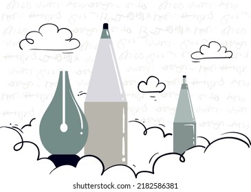 Illustration of Pens and Fountain Pen as Mountains in Clouds for Scribbling