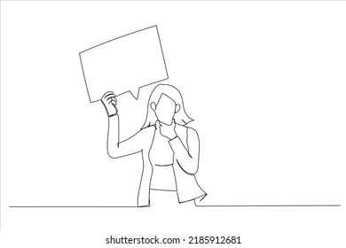 Illustration of pensive business woman in white shirt standing and holding blank paper speech bubble above his head. One line art style
