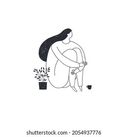 Illustration of a pensive girl sitting and hugging her knees with cup of tea. Vector.