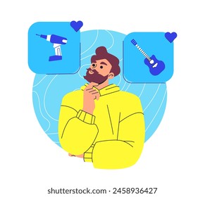 Illustration of a pensive man with thought bubbles containing a drill and a guitar, on an abstract blue background, conveying decision-making. Vector illustration isolated on white