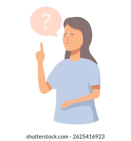 Ilustração de uma mulher pensiva com um ponto de interrogação bolha indicando curiosidade ou confusão