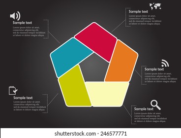 Illustration with pentagon infographic with five color parts and simple signs inside on black background and space for your text
