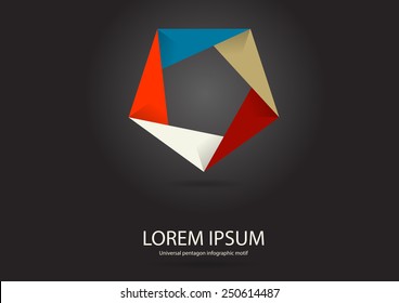 Illustration of pentagon template which could be used as logo or infographic consists of five overlapping parts on black background