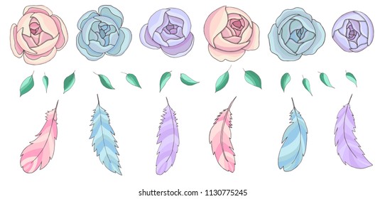 illustration peonies, roses, pastel flowers with feathers, set, isolated elements