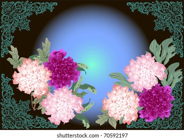 illustration with peony flowers in dark frame