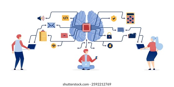 Illustration of People Accessing Data from Learning, Work, and Entertainment, Supported by AI Brains for Enhanced Processing and Development of Advanced Learning Machines