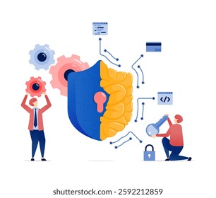 Illustration of People Accessing Data Secured by an AI Brain Shield, Forming a Defense System for Security, Data Protection, and SelfDefense on Advanced Digital Networks