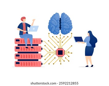 Illustration of People Accessing a Database Linked to an AI Brain via a Chip, Advancing Artificial Intelligence for Efficient Data Storage over an Internet Network