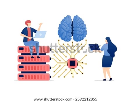 Illustration of People Accessing a Database Linked to an AI Brain via a Chip, Advancing Artificial Intelligence for Efficient Data Storage over an Internet Network