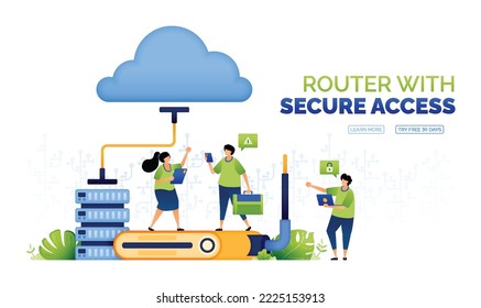 Ilustración de personas que acceden a una red de base de datos en la nube para trabajar y comunicarse con acceso a Internet WiFi provisto de tecnología de enrutador de hardware. se puede usar para anuncios, afiches, campañas, aplicaciones