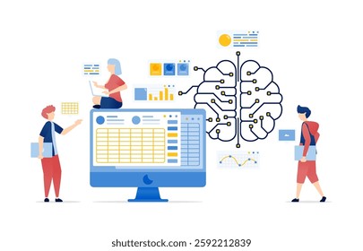 Illustration of People Accessing an Internet Network Connected to an AI Brain to Solve Spreadsheet Data, Business, and Accounting Problems for Enhanced Work Efficiency
