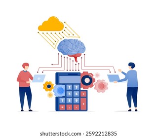 Illustration of People Accessing Mathematical and Accounting Data to Develop AI Models with Cloud-Based Learning Machines, Brain Networks, and an Active Calculator