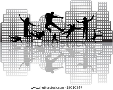 Illustration of people in action and buildings