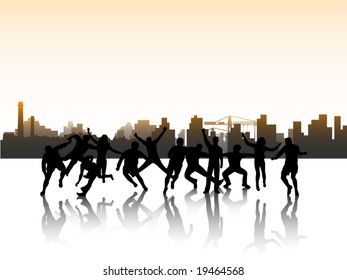 Illustration of people in action and city
