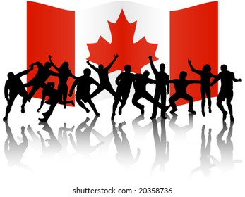 Illustration of people in action and flag