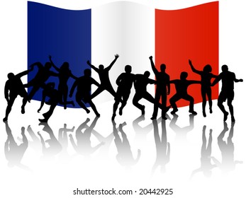 Illustration of people in action and flag