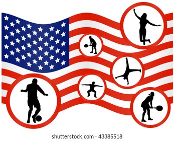 Illustration of people in action and flag