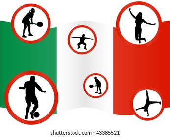 Illustration of people in action and flag