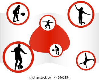 Illustration of people in action and flag