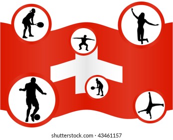 Illustration of people in action and flag