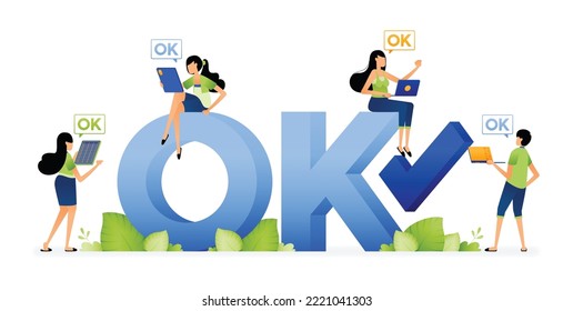 Illustration of people agreeing with each other in an ongoing discussion. 3d text of ok. Designed for website, landing page, flyer, banner, apps, brochure, startup media company