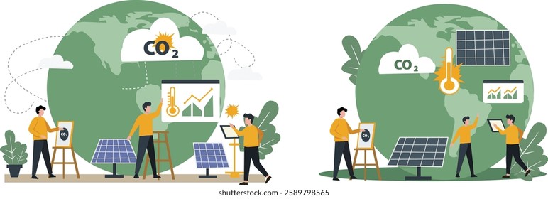 Illustration of people analyzing CO2 emissions, global warming impact, and renewable energy solutions like solar panels to promote sustainability, clean energy, and environmental awareness