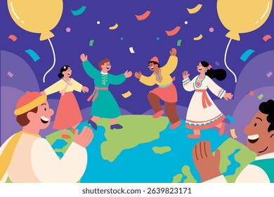 Illustration of people around the world dancing in traditional costumes to celebrate World Population Day and cultural diversity.