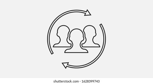 Illustration of people with arrow icon on grey background. Users Profile sign with update or refresh icon.Outline vector icon