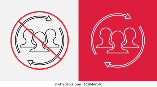 Illustration of people with arrow icon on grey background. Users Profile sign with update or refresh icon. No or Stop. No user info icon. No user icon. The prohibition sign. No people sign. Icons set