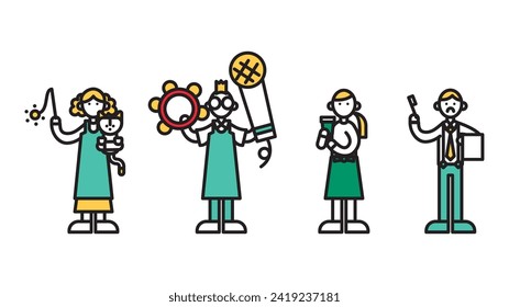 Es ist eine Illustration von Leuten (B), die in verschiedenen Geschäften mit einfachen Linien Zeichnungen arbeiten.