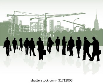 Illustration of people and buildings