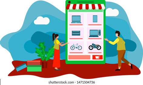illustration of people buying somethings from online shop via gadget