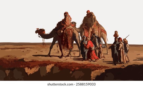 Illustration of people with camels in a desert setting. Group includes adults and children, wearing traditional attire, standing beside camels in a vast desert. Vintage animal illustration vector.