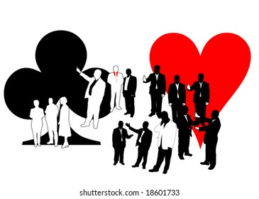 Illustration of people and card symbols